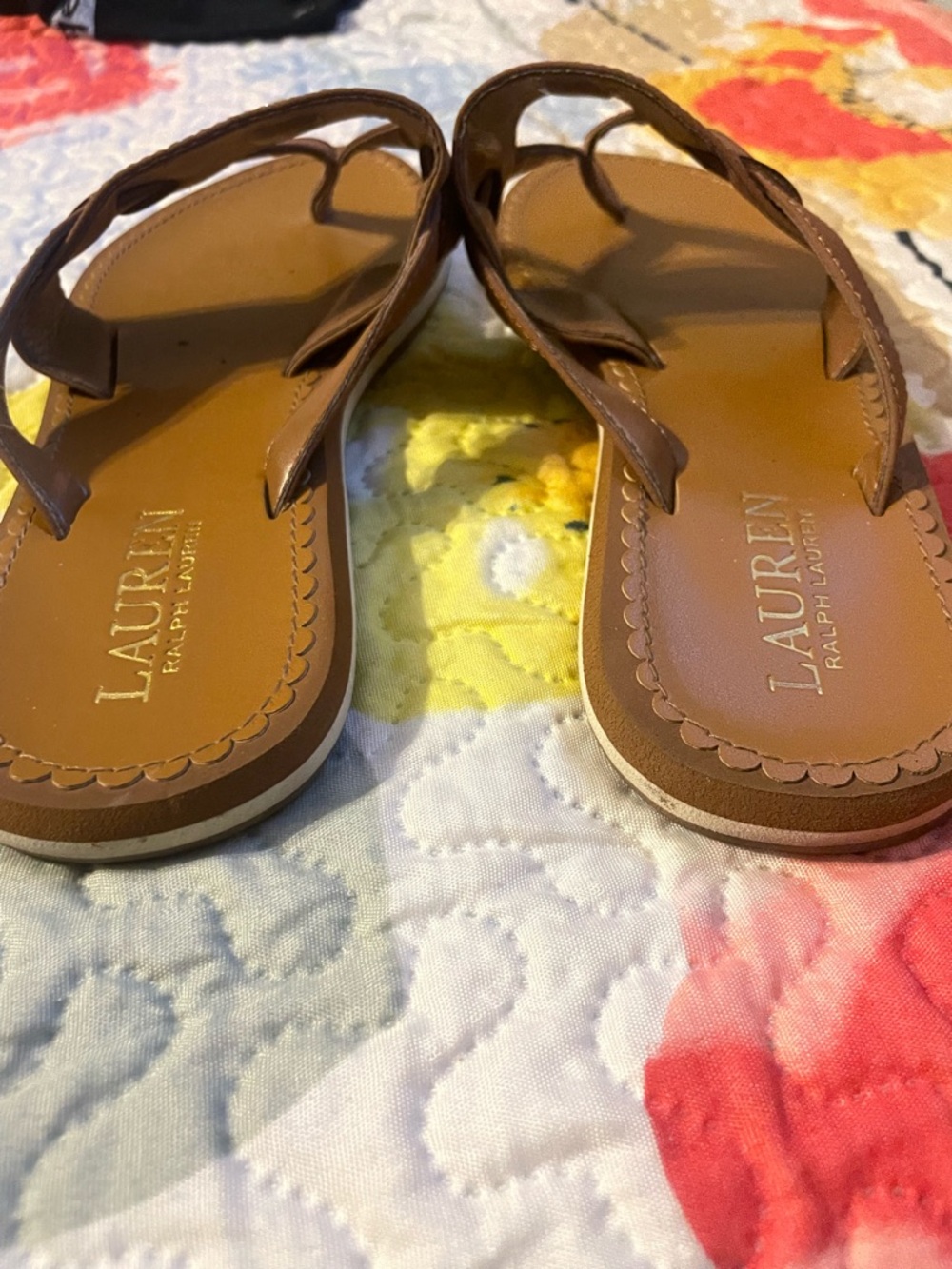 Lauren Ralph Lauren Brown Leather Logo Thong Sandals - Picture 4 of 5